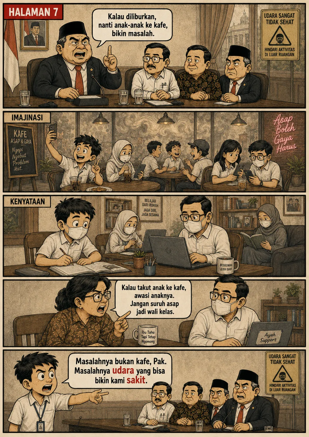 Halaman 7: Pejabat khawatir anak akan ke kafe jika diliburkan; panel "imajinasi" menunjukkan kafe ramai, panel "kenyataan" menunjukkan anak belajar dari rumah bersama keluarga.