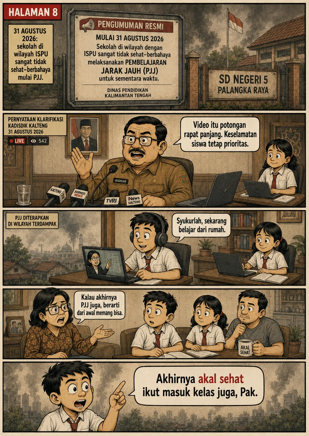 Halaman 8: Papan pengumuman resmi penerapan PJJ di SD Negeri 5 Palangka Raya; kepala dinas memberi klarifikasi di depan wartawan; anak-anak akhirnya belajar dari rumah.