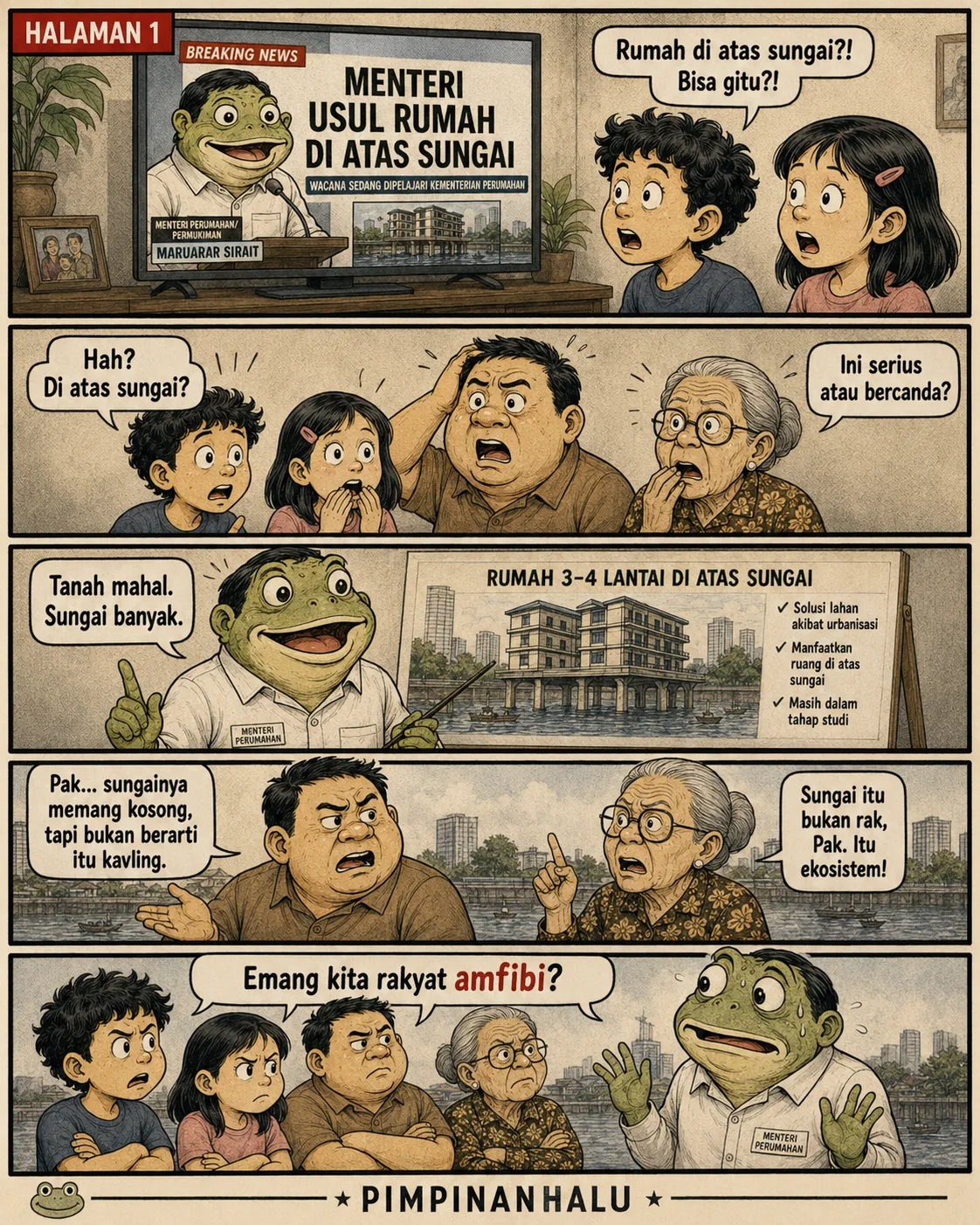 Sampul komik "Emang Kita Rakyat Amfibi?": layar TV menyiarkan berita menteri (dikarikaturkan sebagai katak) mengusulkan rumah di atas sungai, disaksikan keluarga yang tercengang.