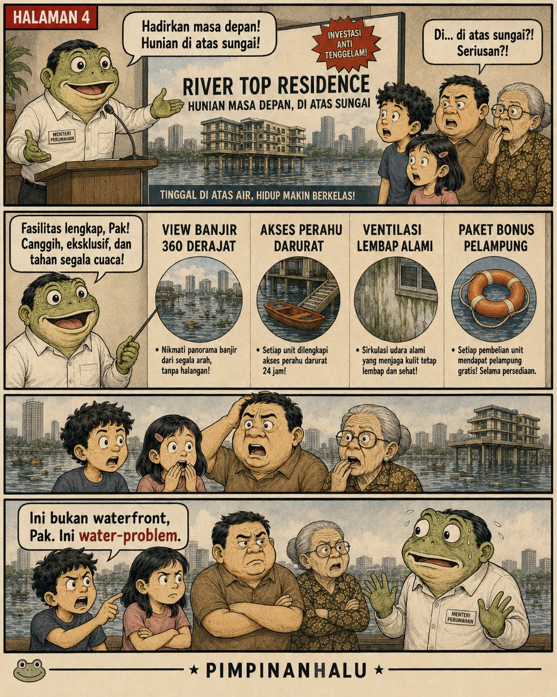 Halaman 4: Poster properti "River Top Residence" dengan daftar "fasilitas" yang justru menyindir risiko banjir; keluarga menatap ngeri.