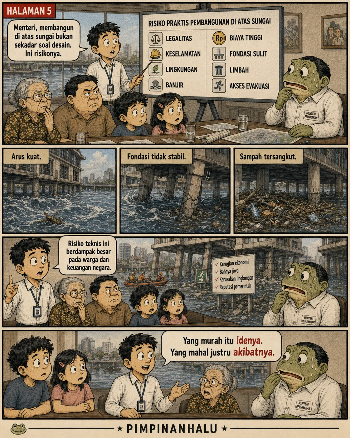 Halaman 5: Papan "Risiko Praktis Pembangunan di Atas Sungai" dengan delapan ikon; panel-panel kecil menunjukkan arus deras, pilar retak, dan tumpukan sampah tersangkut.