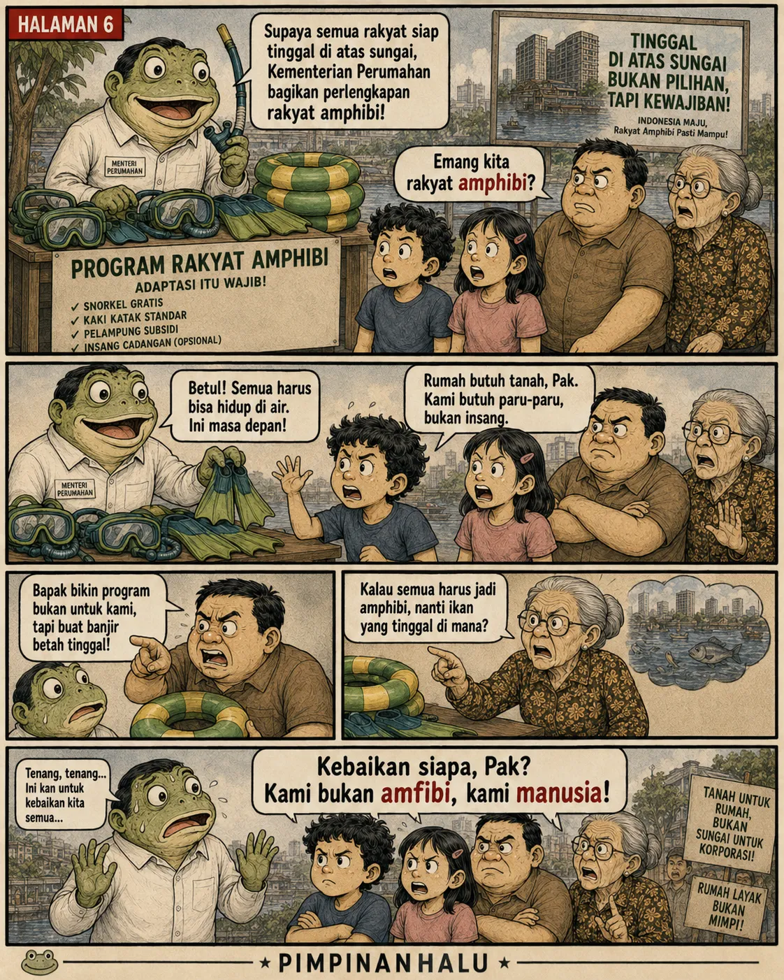 Halaman 6: Menteri-katak membagikan perlengkapan selam sebagai "program rakyat amphibi"; warga menolak, membawa poster "tanah untuk rumah, bukan sungai untuk korporasi".