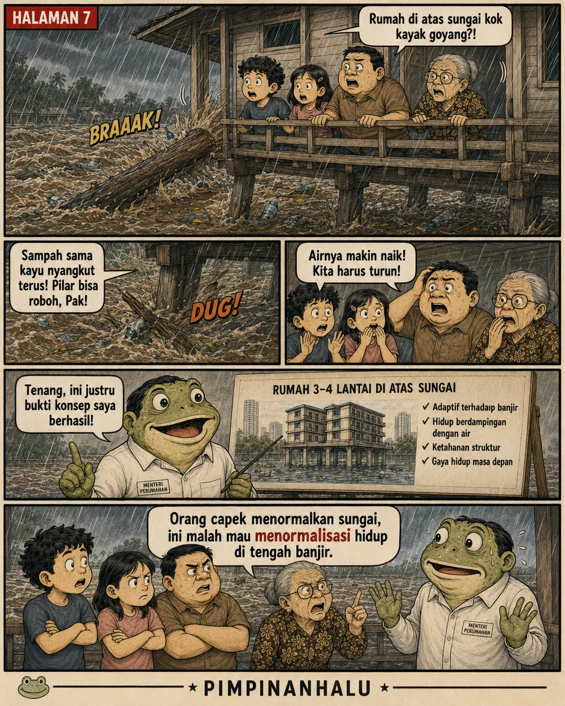 Halaman 7: Banjir bandang menghantam pilar rumah di atas sungai; keluarga panik di beranda sementara menteri-katak tetap mengklaim konsepnya berhasil.