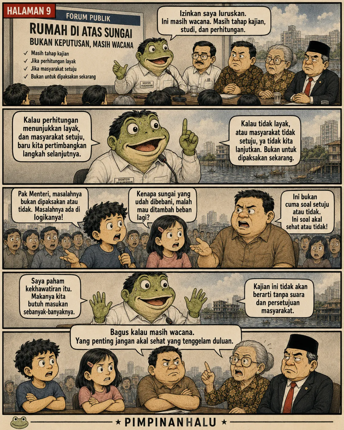 Halaman 9: Menteri-katak di forum publik menegaskan proposal masih kajian; warga membalas bahwa persoalannya ada pada logika membebani sungai.