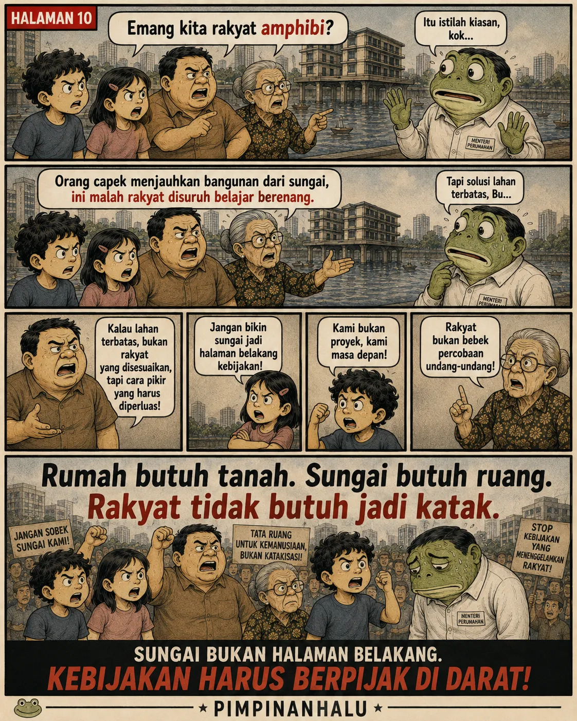 Halaman 10: Unjuk rasa warga membawa poster "tata ruang untuk kemanusiaan, bukan katakisasi" dan "stop kebijakan yang menenggelamkan rakyat"; menteri-katak menunduk.