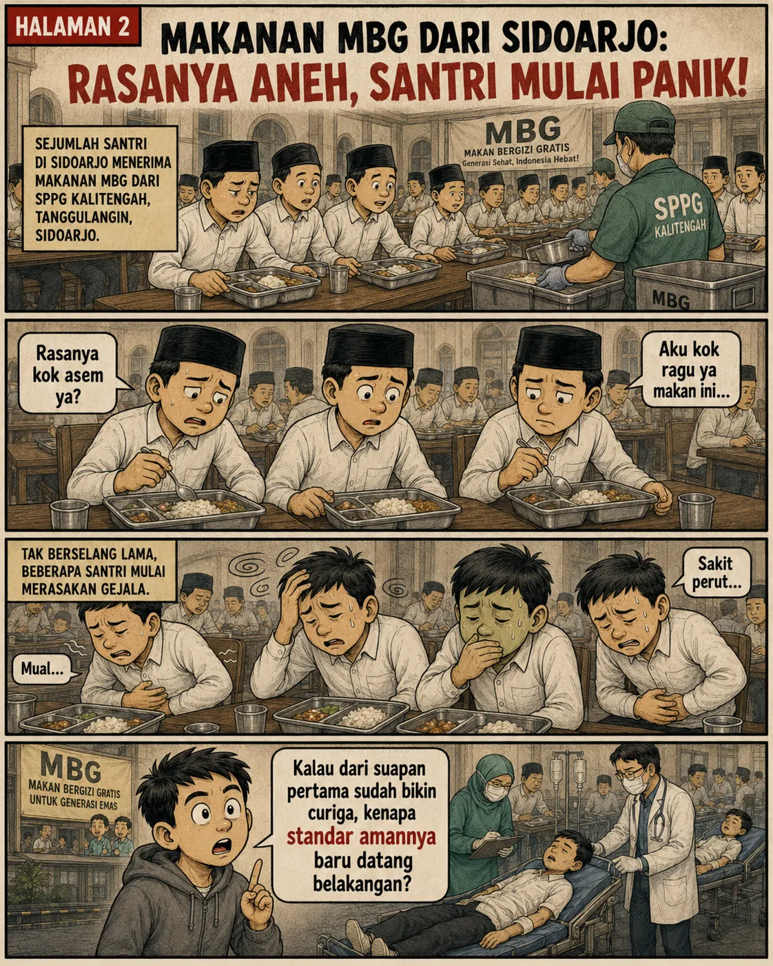 Halaman 2: Santri berpeci di aula pesantren menerima nampan MBG lalu satu per satu memegang perut kesakitan; petugas berjaket SPPG Kalitengah membagikan porsi.