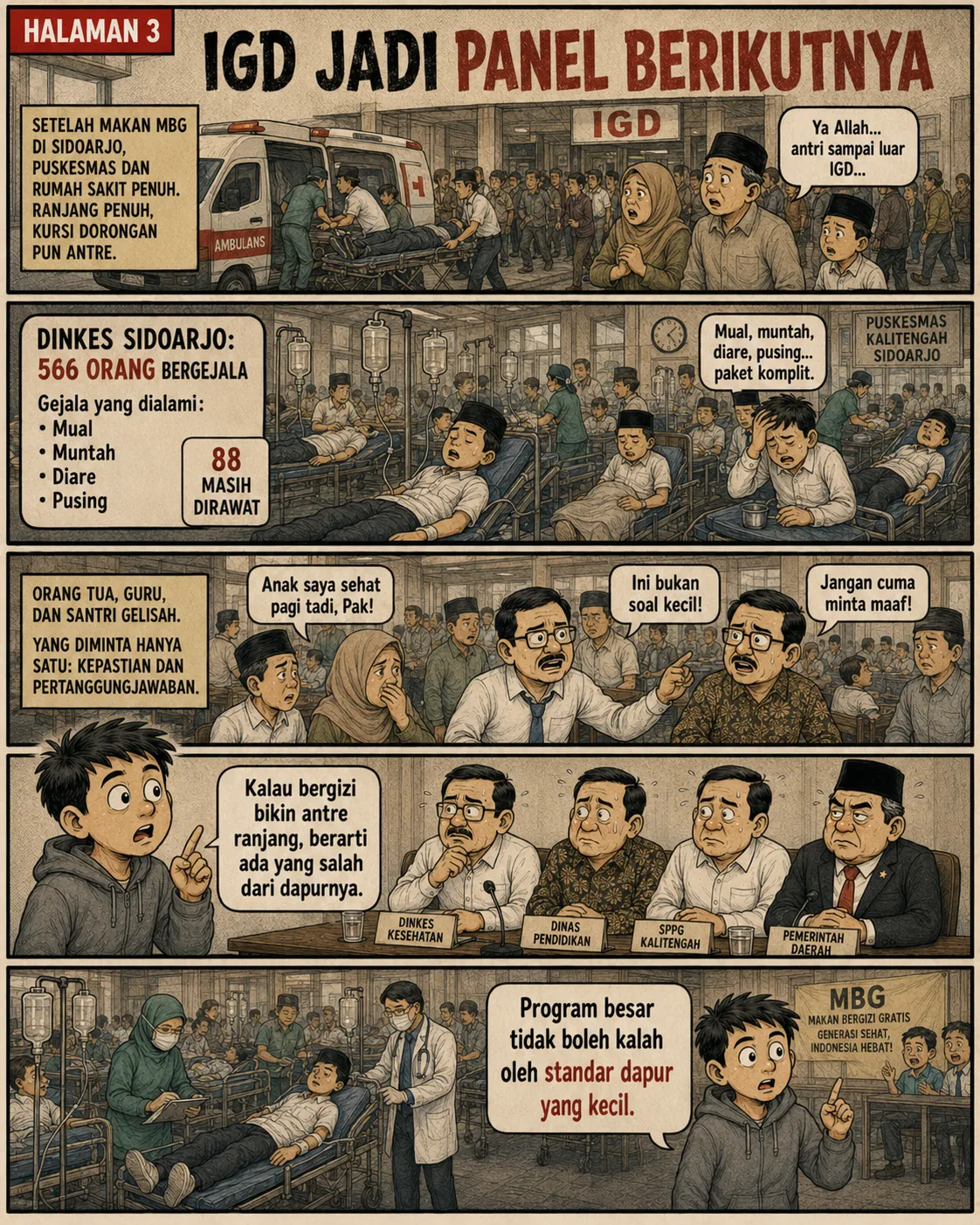 Halaman 3: Antrean pasien memenuhi halaman IGD; di dalam, santri terbaring diinfus; orang tua marah menuntut kepastian di depan panel pejabat (Dinas Kesehatan, Dinas Pendidikan, SPPG Kalitengah, Pemerintah Daerah).