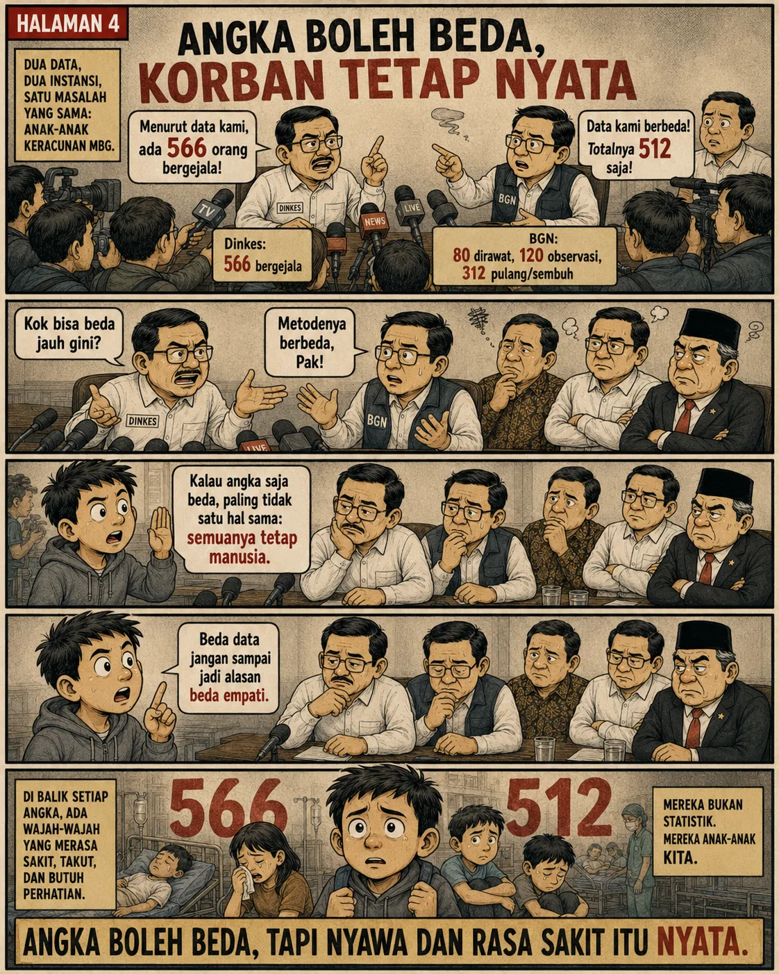 Halaman 4: Konferensi pers berbarengan - pejabat Dinkes menyebut angka 566, pejabat Badan Gizi Nasional menyebut 512 - di depan wartawan; panel bawah menampilkan angka besar "566" dan "512" dengan anak-anak menangis di antaranya.