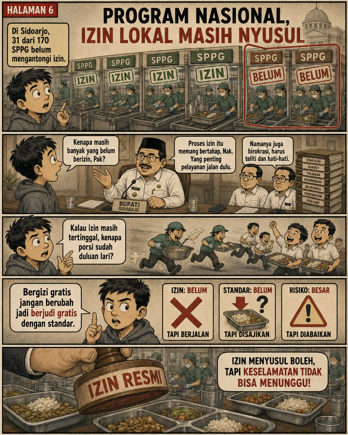 Halaman 6: Deretan dapur SPPG - sebagian bertanda "izin", dua bertanda "belum"; bupati menjelaskan proses perizinan bertahap; panel bawah: cap "izin resmi" menghantam nampan makanan yang sudah terlanjur disajikan.