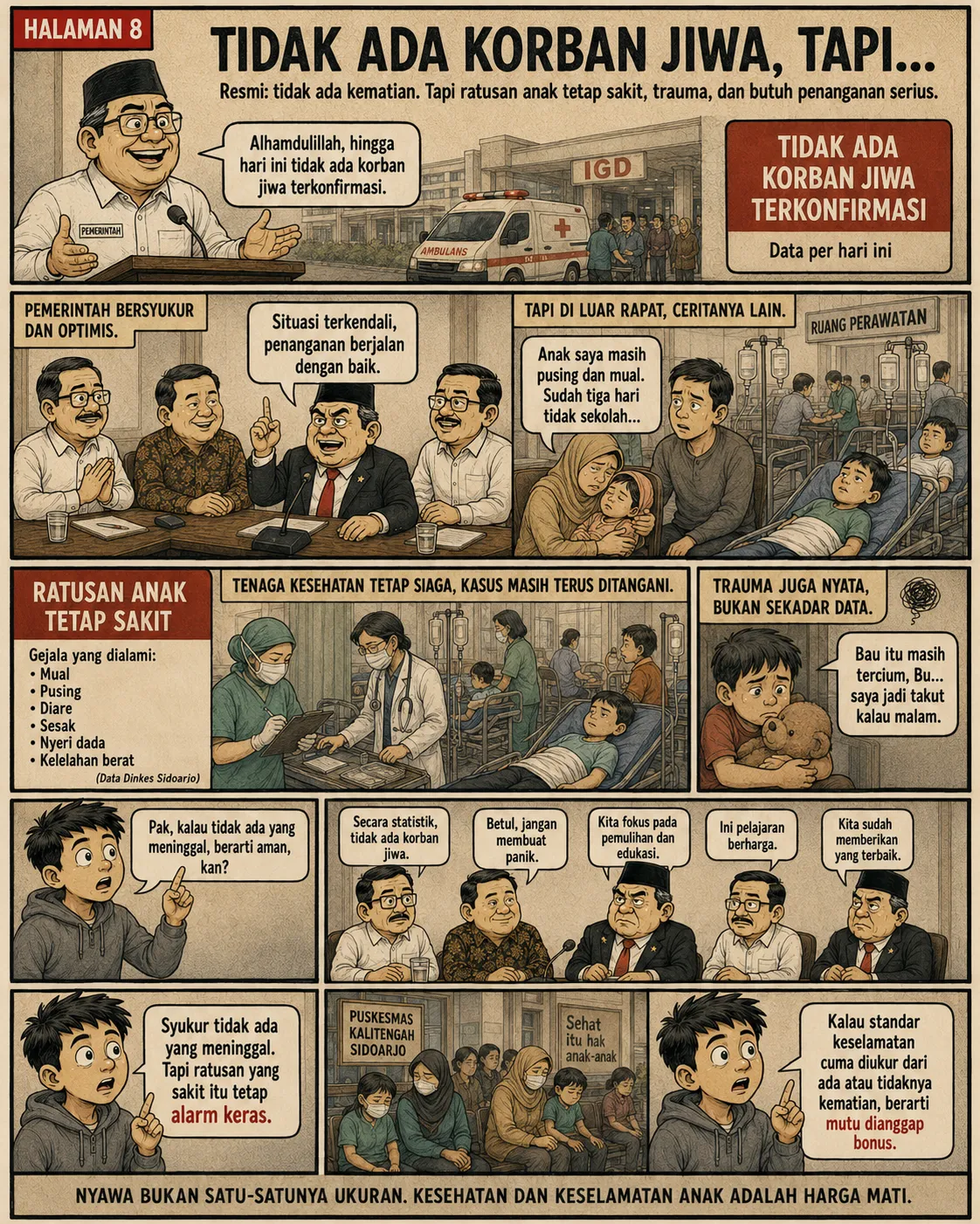 Halaman 8: Pejabat mengumumkan "tidak ada korban jiwa terkonfirmasi"; di ruang perawatan, seorang anak memeluk boneka beruang ketakutan; daftar gejala yang masih dialami ratusan anak ditampilkan.