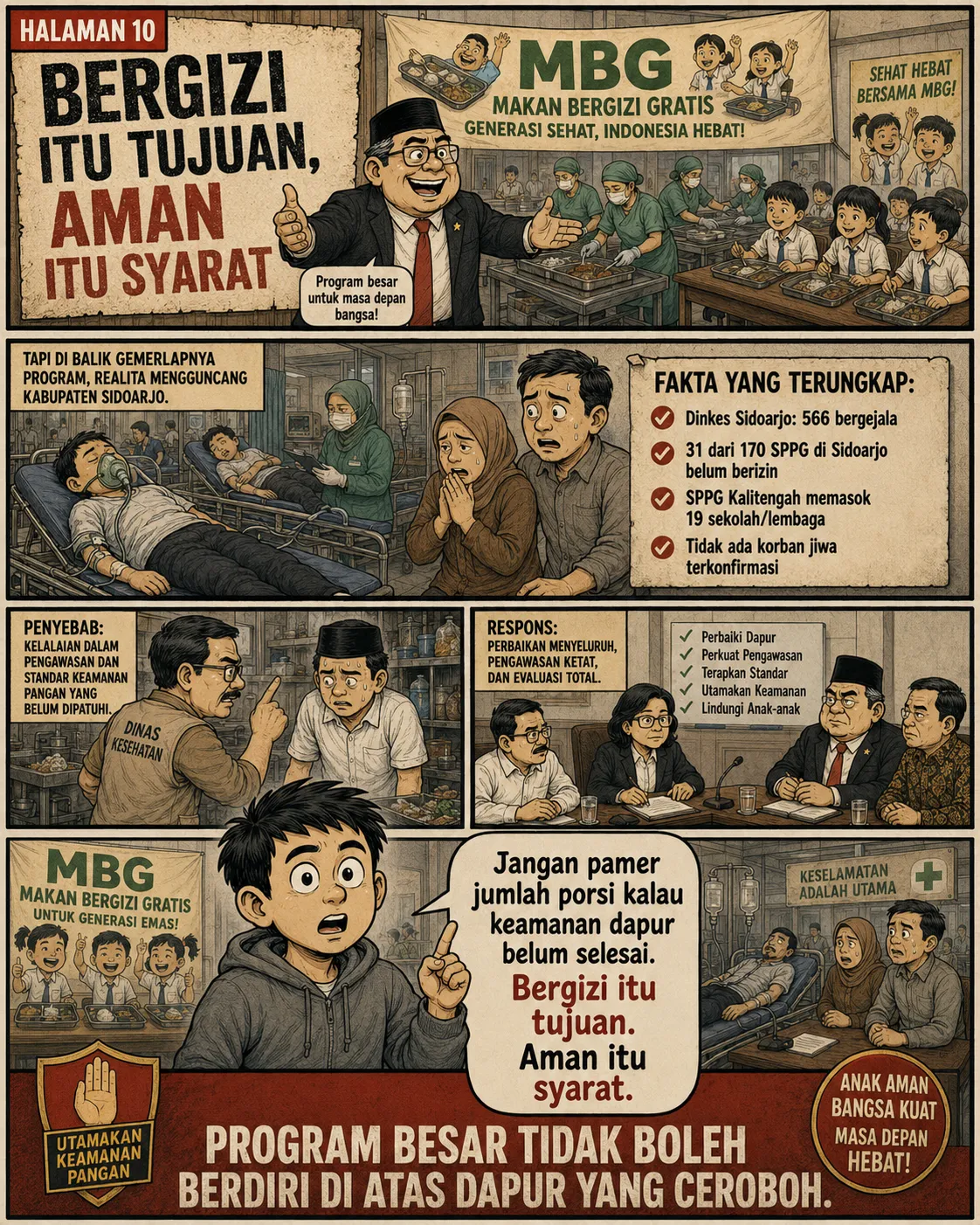 Halaman 10: Pejabat memuji MBG di panggung, dikontraskan dengan ruang perawatan penuh; papan "fakta yang terungkap" dan "respons" (perbaiki dapur, perkuat pengawasan, terapkan standar) ditampilkan; tajuk penutup "bergizi itu tujuan, aman itu syarat".