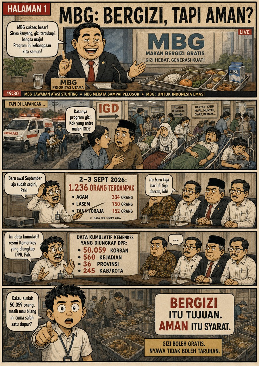 Halaman 1: sampul MBG Bergizi Tapi Aman merangkum Agam 334 orang, Lasem 750 orang, dan Tana Toraja 152 orang serta mempertanyakan keamanan program.
