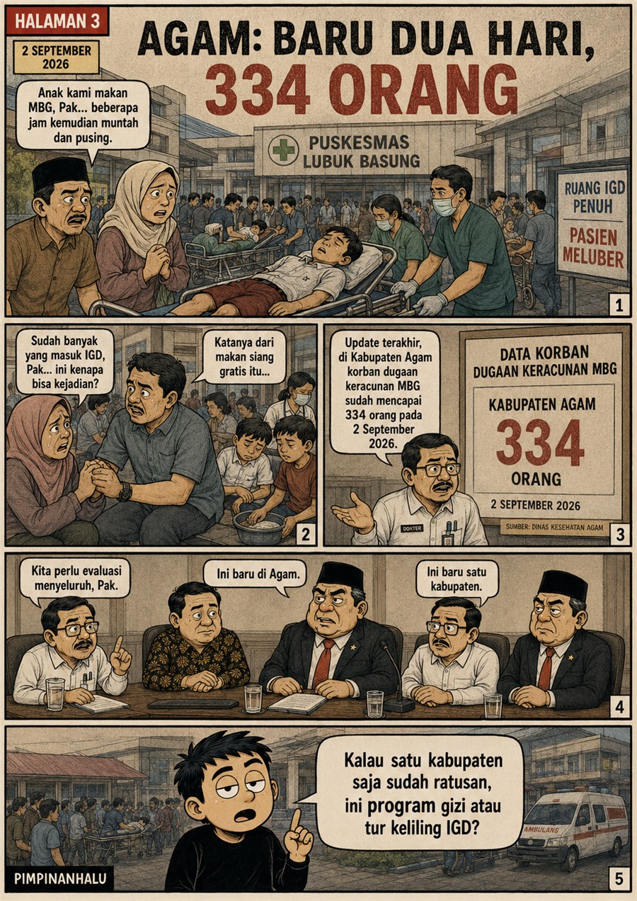 Halaman 3: dramatisasi penanganan siswa di Agam dengan angka 334 orang terdampak dugaan keracunan MBG per 2 September 2026.