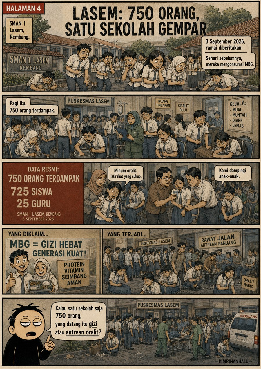 Halaman 4: siswa dan guru SMAN 1 Lasem mengalami diare massal setelah menyantap MBG, disertai angka 750 orang dari pembaruan awal.