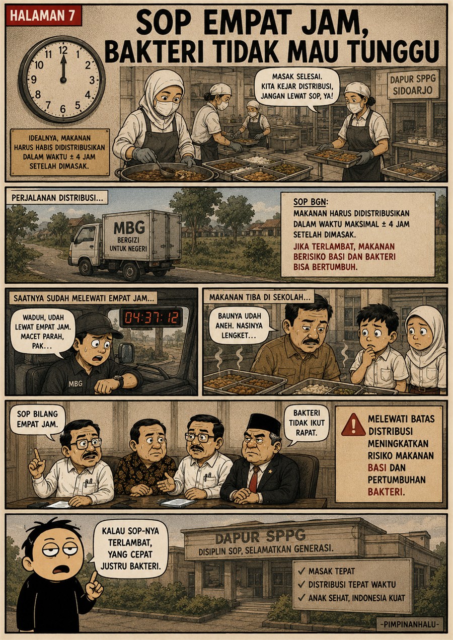 Halaman 7: garis waktu memasak, mengemas, mengirim, dan mengonsumsi MBG dibandingkan dengan batas konsumsi empat jam dalam pedoman BGN.