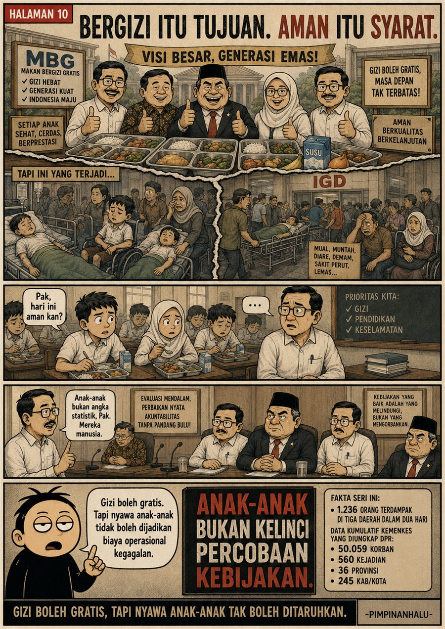Halaman 10: penutup komik merangkum 1.236 orang di tiga daerah dan menyerukan audit menyeluruh, standar keamanan, transparansi, serta tanggung jawab.