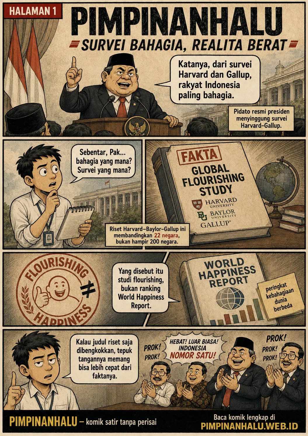 Sampul Survei Bahagia, Realita Berat: pidato tentang Indonesia paling bahagia dibandingkan dengan fakta bahwa Global Flourishing Study mencakup 22 negara.