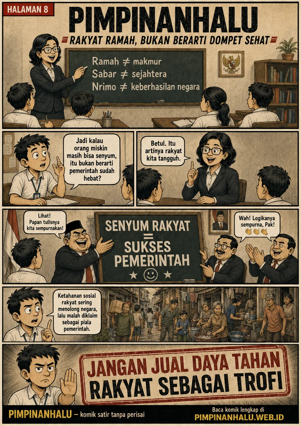 Halaman 8: guru menjelaskan perbedaan ramah, sabar, dan nrimo dari ukuran kesejahteraan; pejabat menjadikan senyum rakyat sebagai slogan keberhasilan.