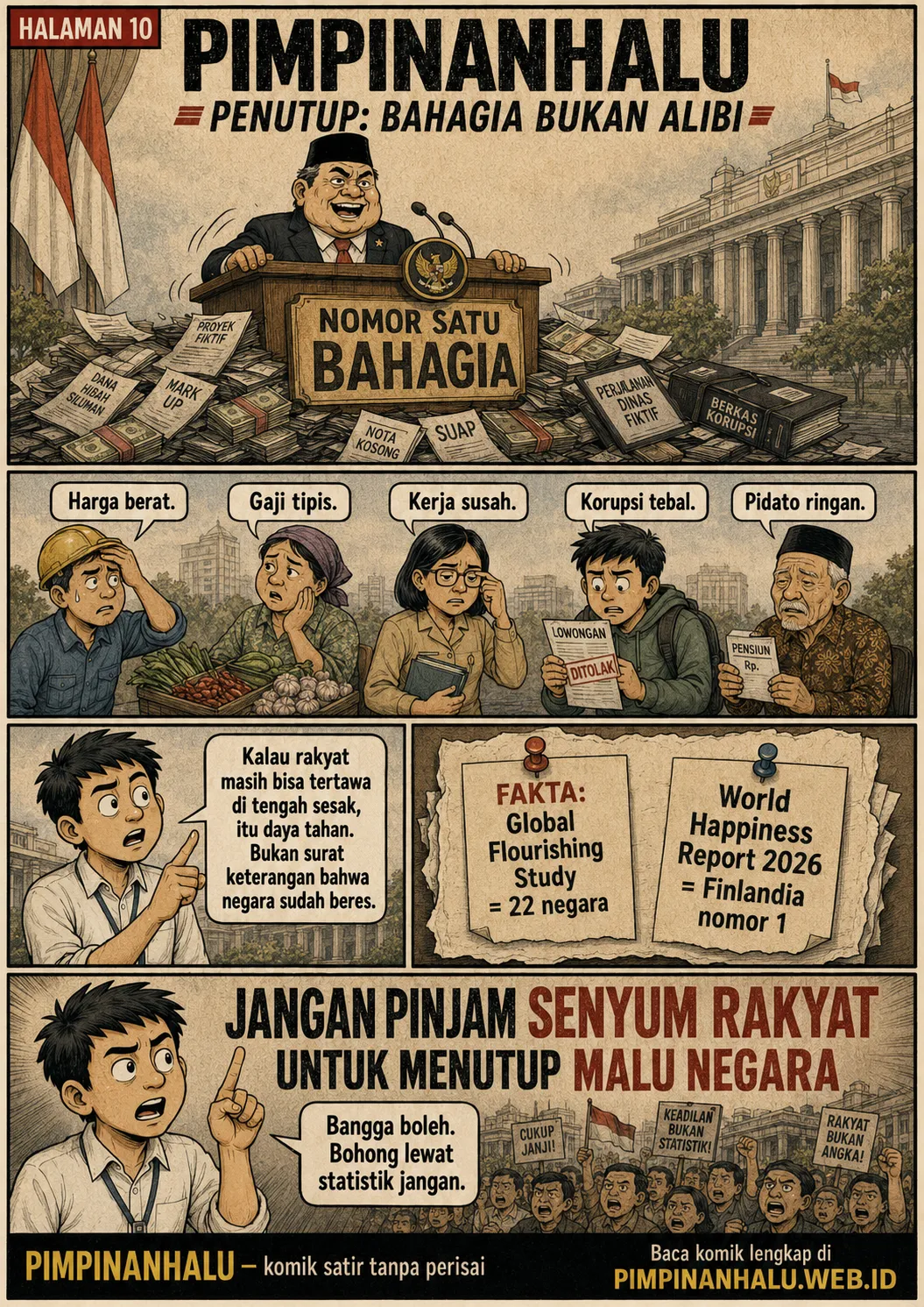 Halaman 10: podium nomor satu bahagia berdiri di atas dokumen perkara fiktif, disandingkan dengan beban warga serta catatan bahwa GFS dan World Happiness Report berbeda.