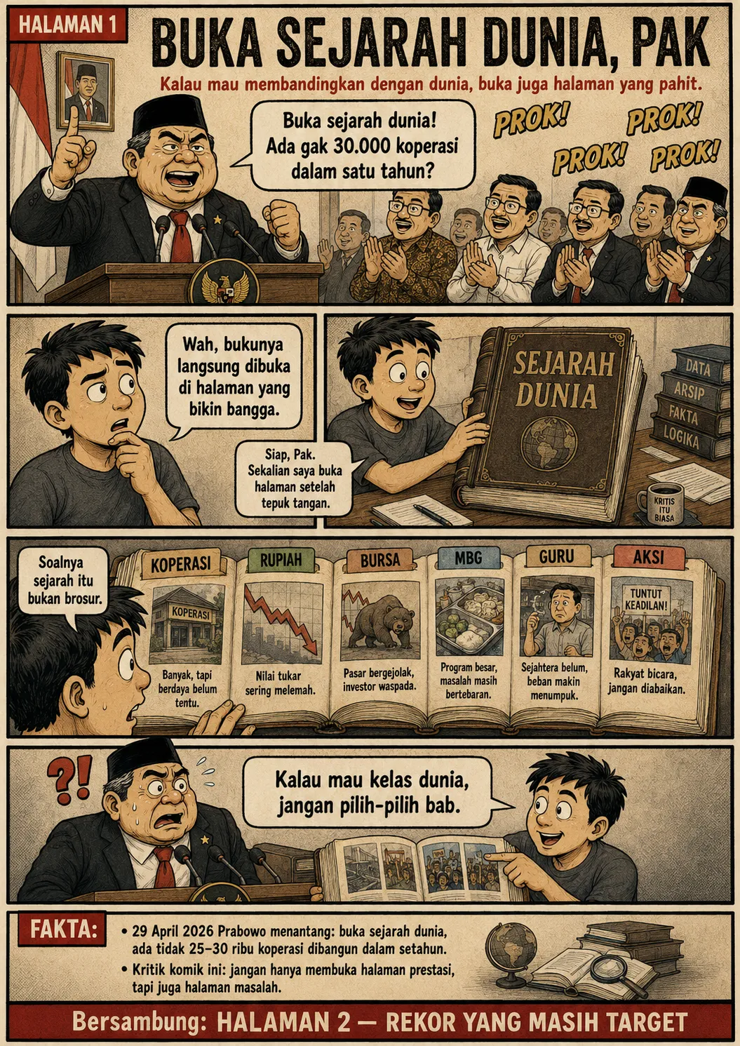 Halaman 1: Pejabat berpidato menantang membuka sejarah dunia soal 30.000 koperasi setahun; seorang staf membuka buku "Sejarah Dunia" yang berisi bab koperasi, rupiah, bursa, MBG, guru, dan aksi.