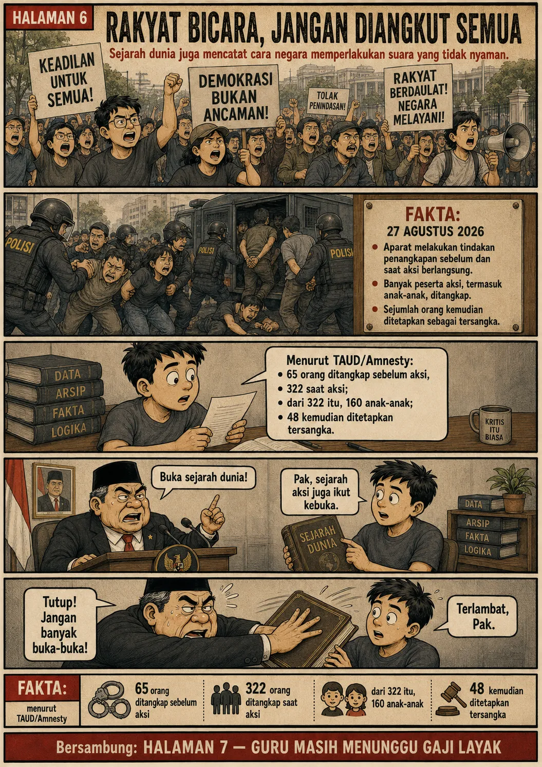 Halaman 6: Demonstran membawa poster keadilan dan demokrasi; polisi menggiring peserta ke truk tahanan; papan fakta merinci angka penangkapan menurut lembaga pemantau.