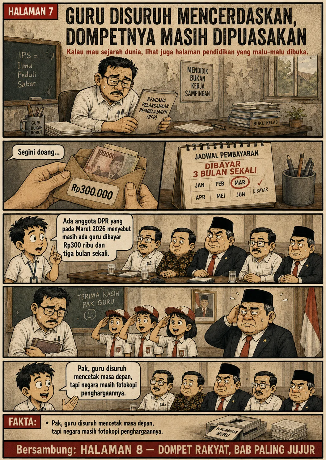 Halaman 7: Guru lelah di meja penuh RPP dan buku; sebuah amplop berisi Rp300.000 dengan jadwal pembayaran "dibayar 3 bulan sekali"; murid memberi hormat sambil menulis "terima kasih Pak Guru".