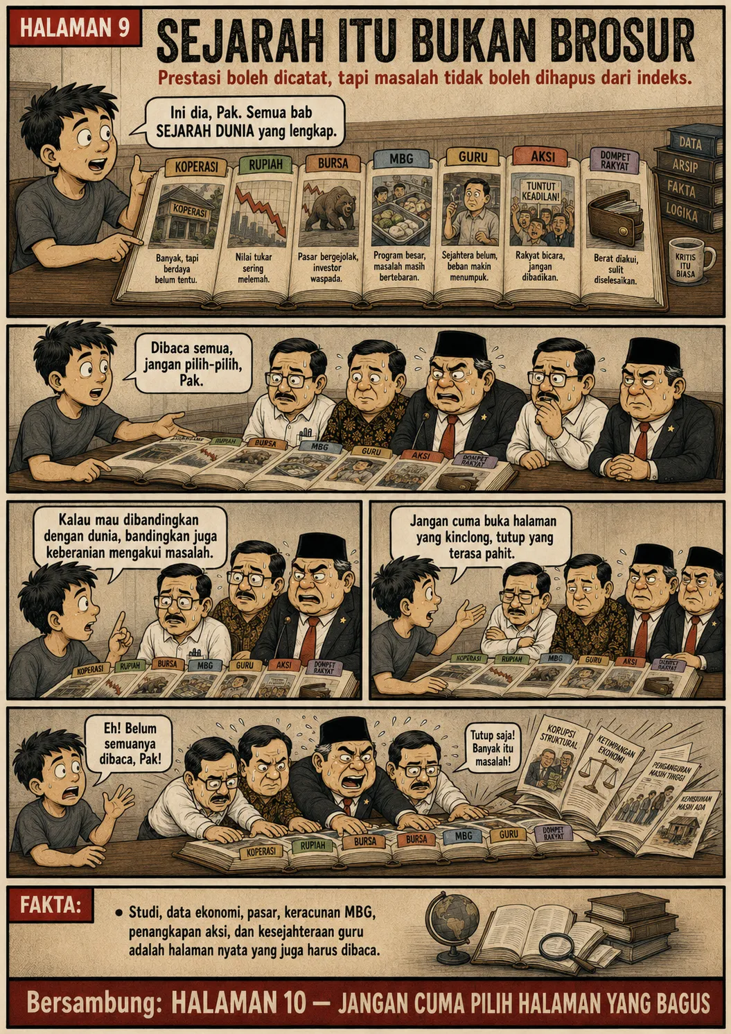 Halaman 9: Buku "Sejarah Dunia" terbuka lebar menampilkan seluruh bab masalah; para pejabat berkeringat sementara staf menahan buku agar tetap terbuka.