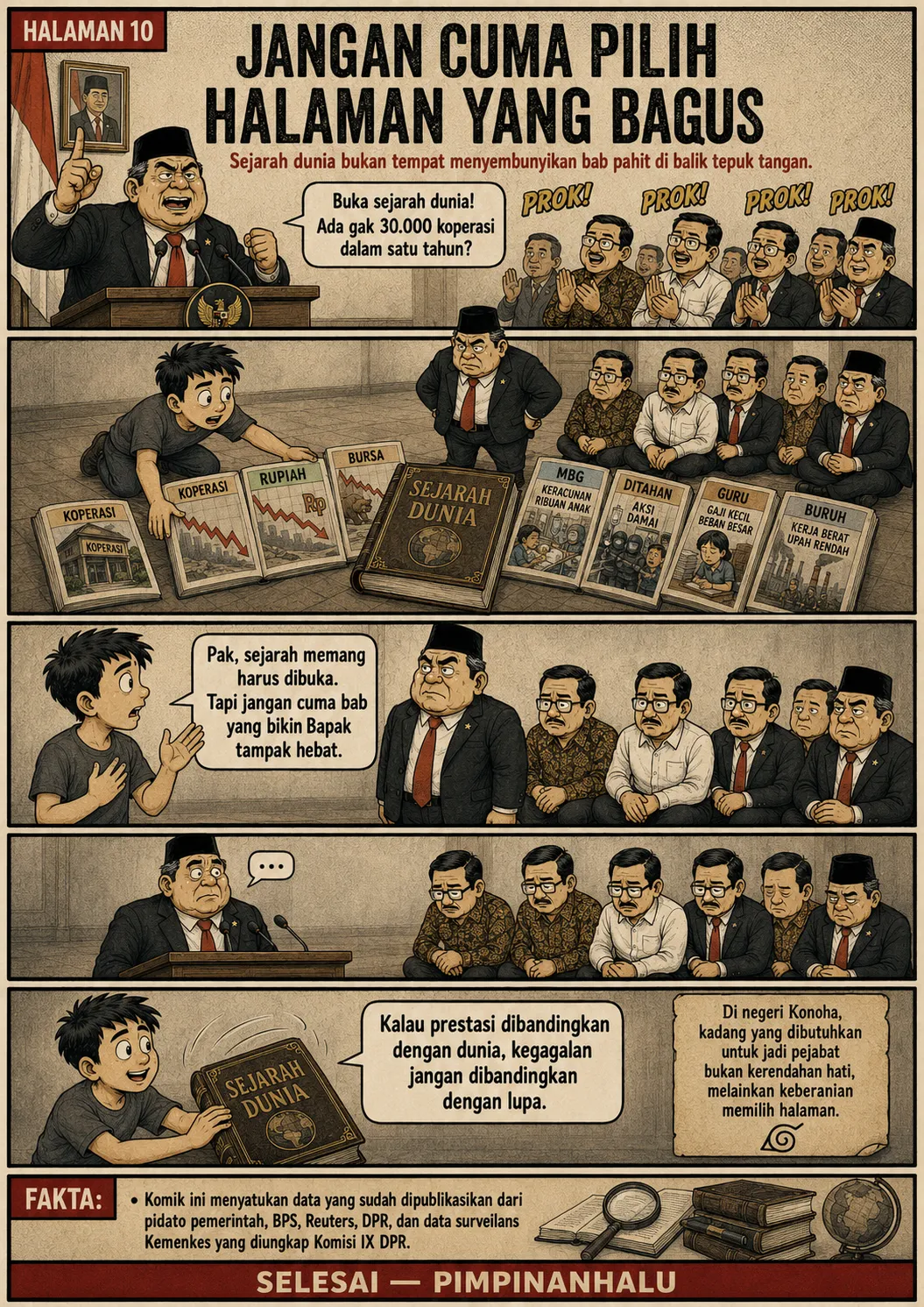 Halaman 10: Deretan buku bab - koperasi, rupiah, bursa, MBG keracunan ribuan anak, aksi damai ditahan, guru gaji kecil, buruh upah rendah - berjajar di depan pejabat yang terdiam; anak memegang buku "Sejarah Dunia".