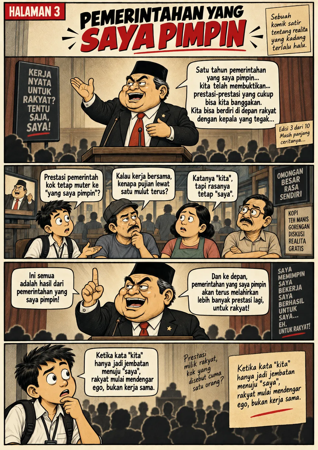 Halaman 3: Papan "Kerja Nyata untuk Rakyat? Tentu Saja, Saya!" di podium; warga mempertanyakan mengapa pujian atas kerja bersama selalu lewat satu mulut.