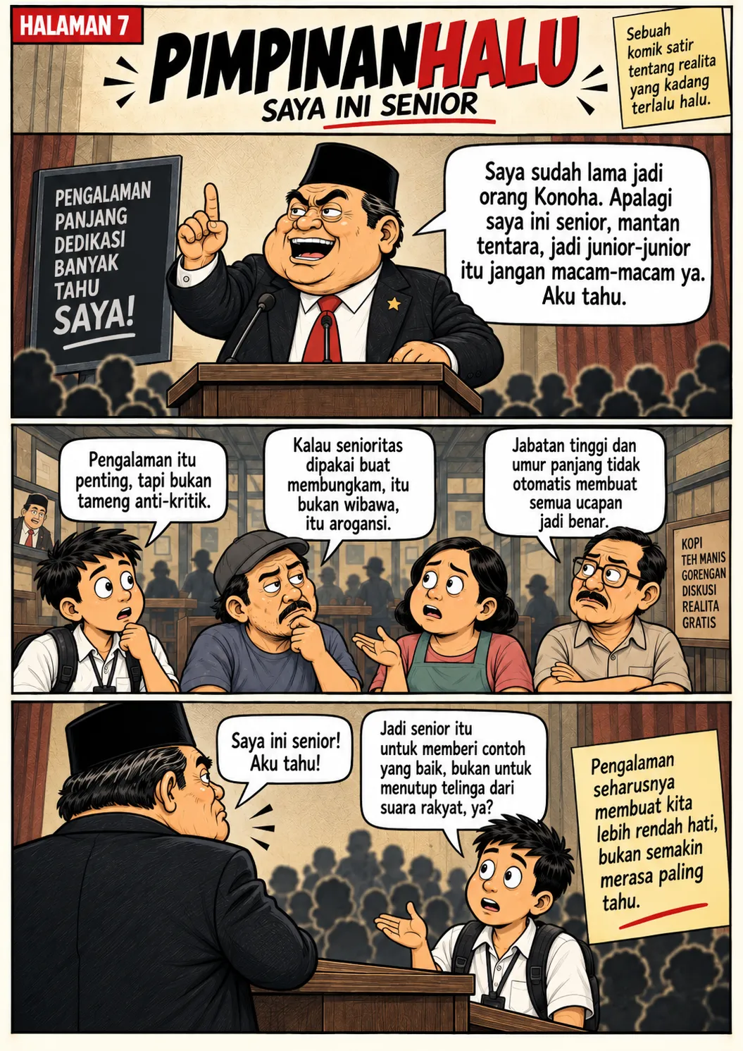 Halaman 7: Pejabat menegaskan senioritas dan latar belakang militernya untuk membungkam kritik dari generasi lebih muda; warga membedakan wibawa dari arogansi.