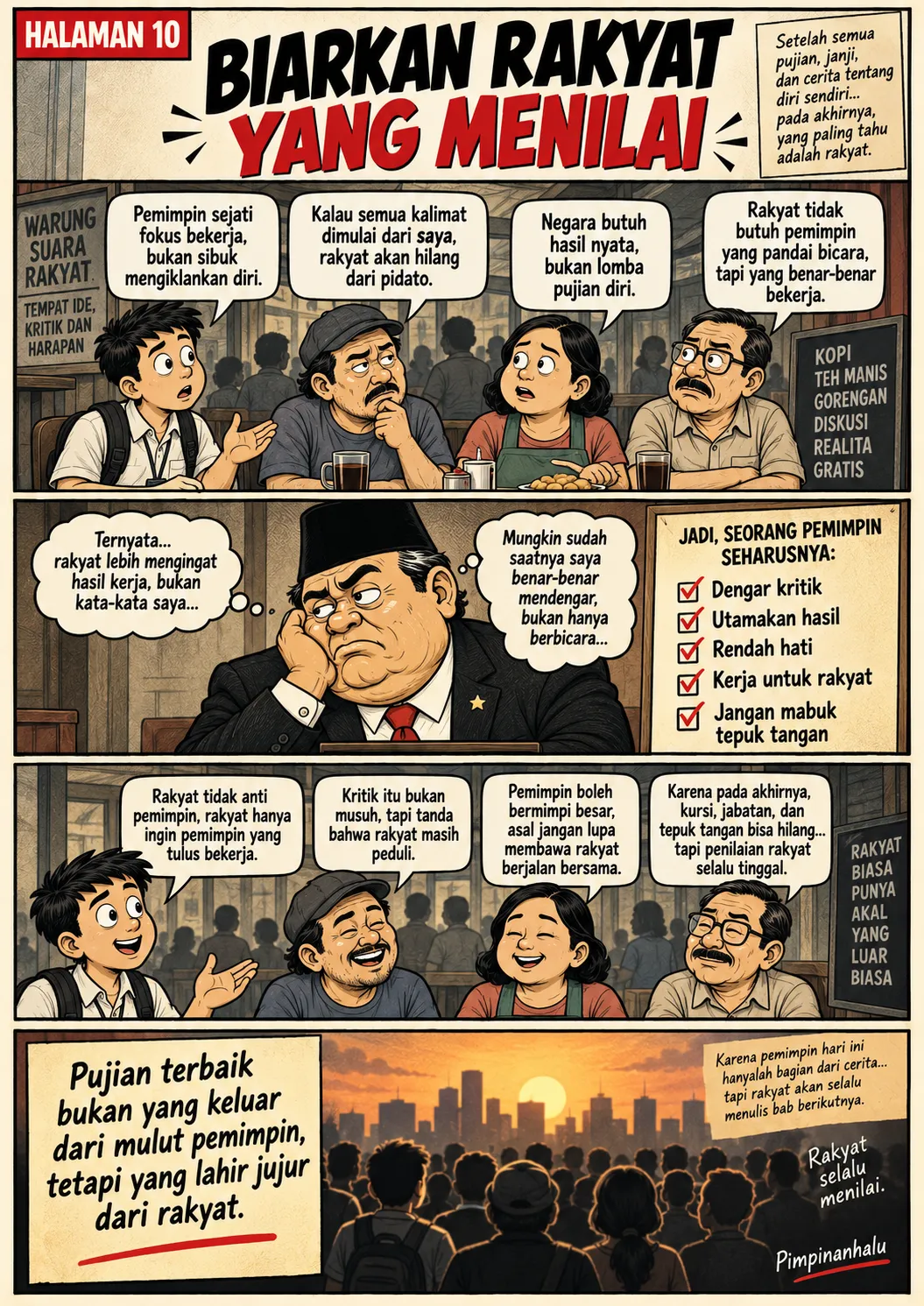 Halaman 10: Di warung suara rakyat, warga berdiskusi kriteria pemimpin yang baik; pejabat termenung menyadari rakyat mengingat hasil kerja bukan kata-kata, ditutup logo "Pimpinanhalu - Kritis Tapi Waras".