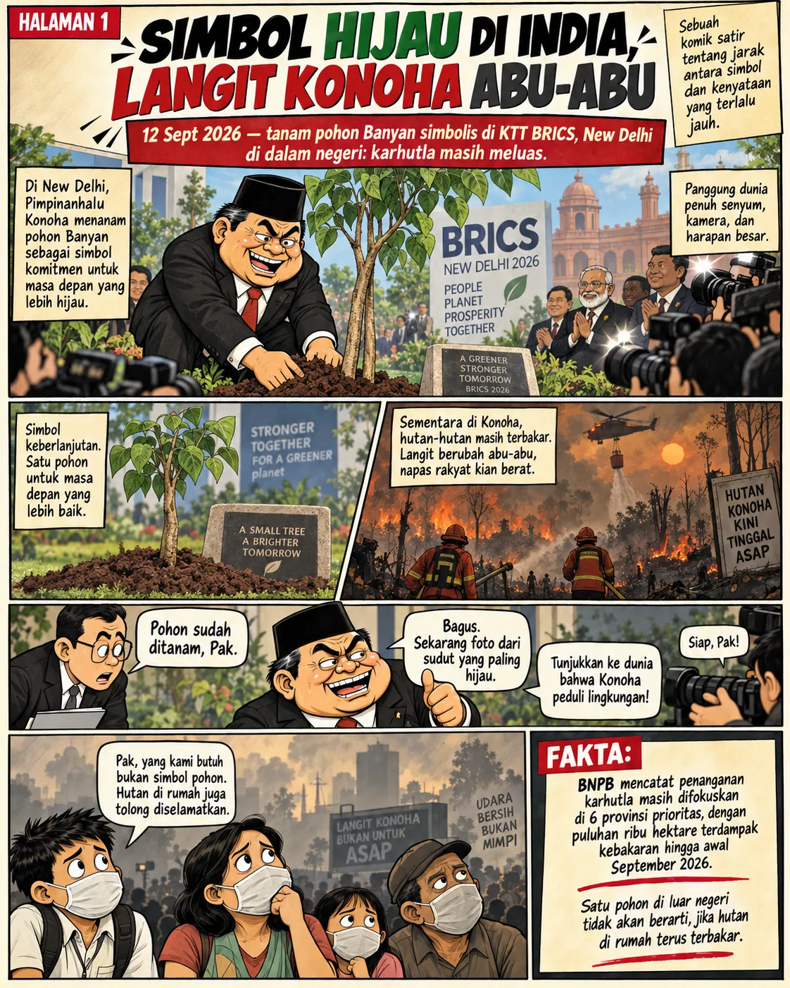 Halaman 1: Pejabat menanam pohon Banyan di depan prasasti "A Greener Stronger Tomorrow" saat KTT BRICS New Delhi, dikontraskan dengan tim pemadam yang berjuang melawan kebakaran hutan di dalam negeri; warga bermasker mengingatkan hutan di rumah juga perlu diselamatkan.