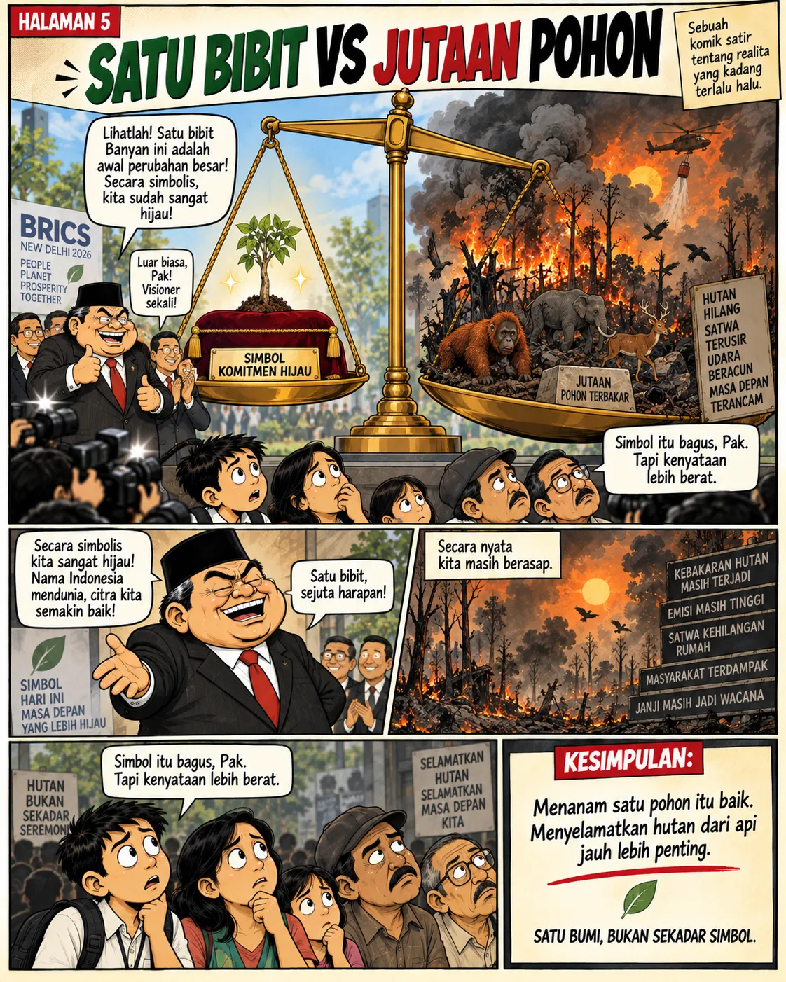 Halaman 5: Sebuah timbangan raksasa menimbang satu bibit pohon simbolis di satu sisi dan hutan yang terbakar penuh satwa liar yang terusir di sisi lain; warga menyimpulkan simbol itu bagus tapi kenyataan jauh lebih berat.