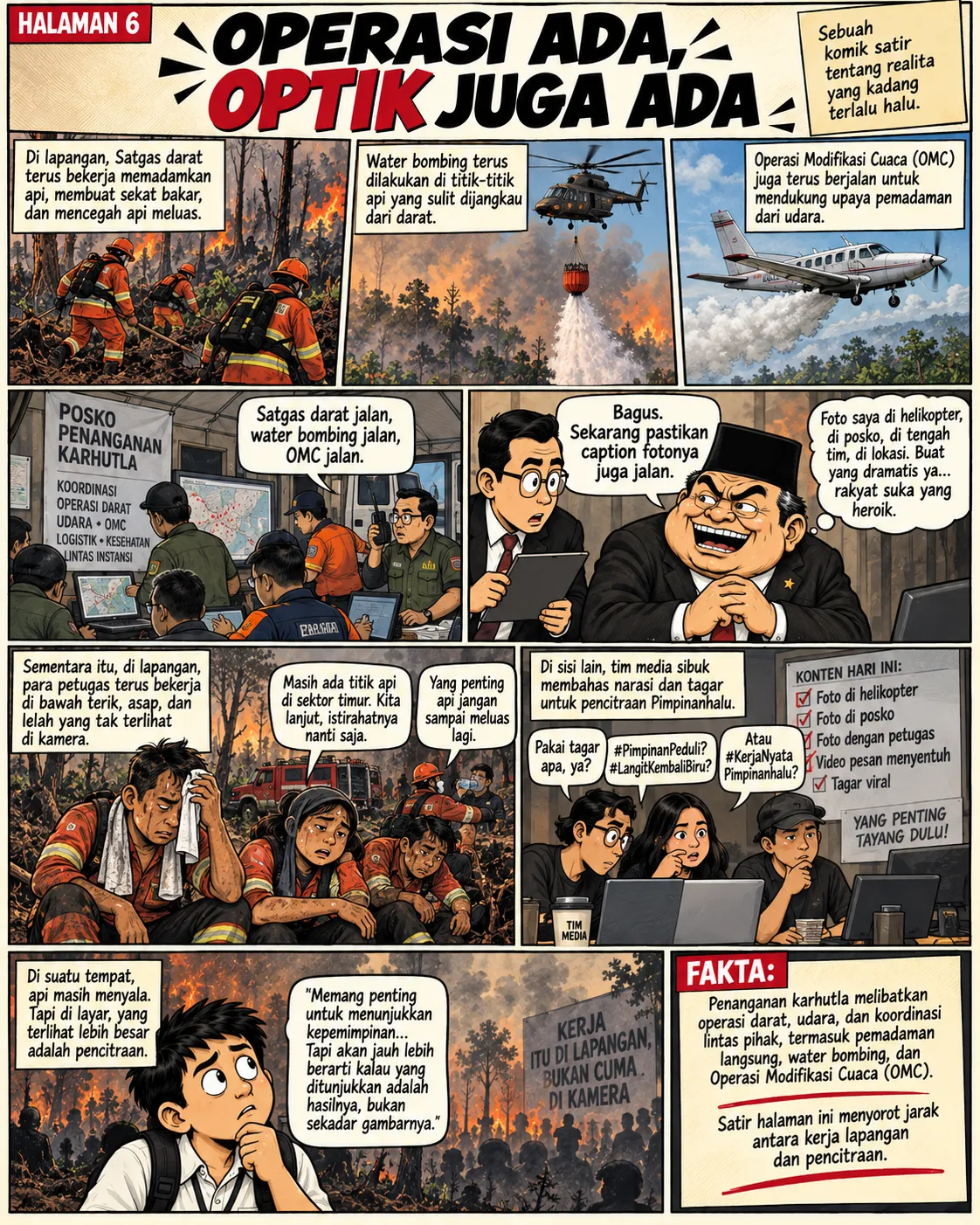 Halaman 6: Petugas pemadam bekerja keras dengan sekat bakar dan water bombing dari helikopter, sementara tim media di posko sibuk menyiapkan foto dan tagar untuk pencitraan kepemimpinan.