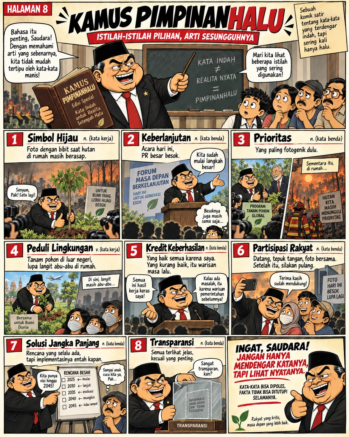 Halaman 8: Sebuah "kamus" satir dengan delapan istilah kehumasan dan makna sesungguhnya di lapangan, dari "simbol hijau" (foto bibit saat hutan masih berasap) sampai "transparansi" (semua terlihat jelas kecuali yang penting).