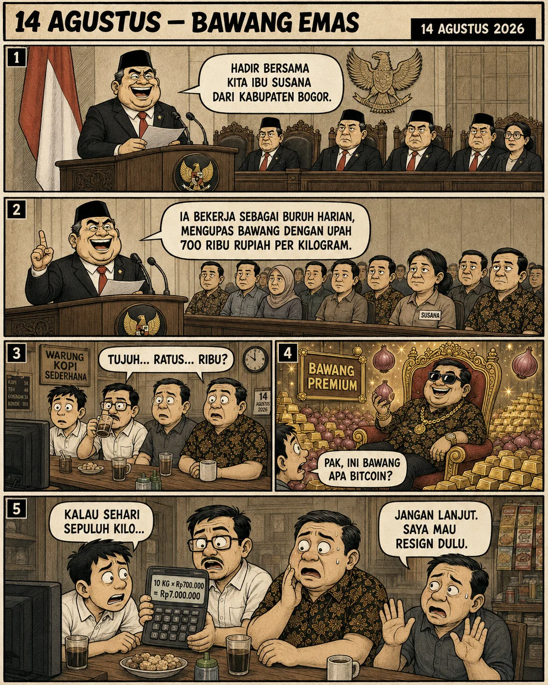 Halaman 2 ("Bawang Emas", 14 Agustus 2026): Pejabat berpidato di sidang menyebut Ibu Susana dari Bogor yang katanya diupah Rp700.000 per kilogram mengupas bawang; warga di warung kopi kaget, dan sebuah panel menggambarkan bawang "premium" seperti emas.