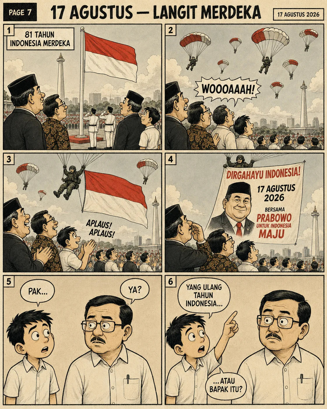 Halaman 7 ("Langit Merdeka", 17 Agustus 2026): Upacara pengibaran bendera dan atraksi penerjun payung; salah satu penerjun membawa spanduk berisi wajah dan nama pemimpin, membuat seorang anak bertanya siapa sebenarnya yang sedang berulang tahun.
