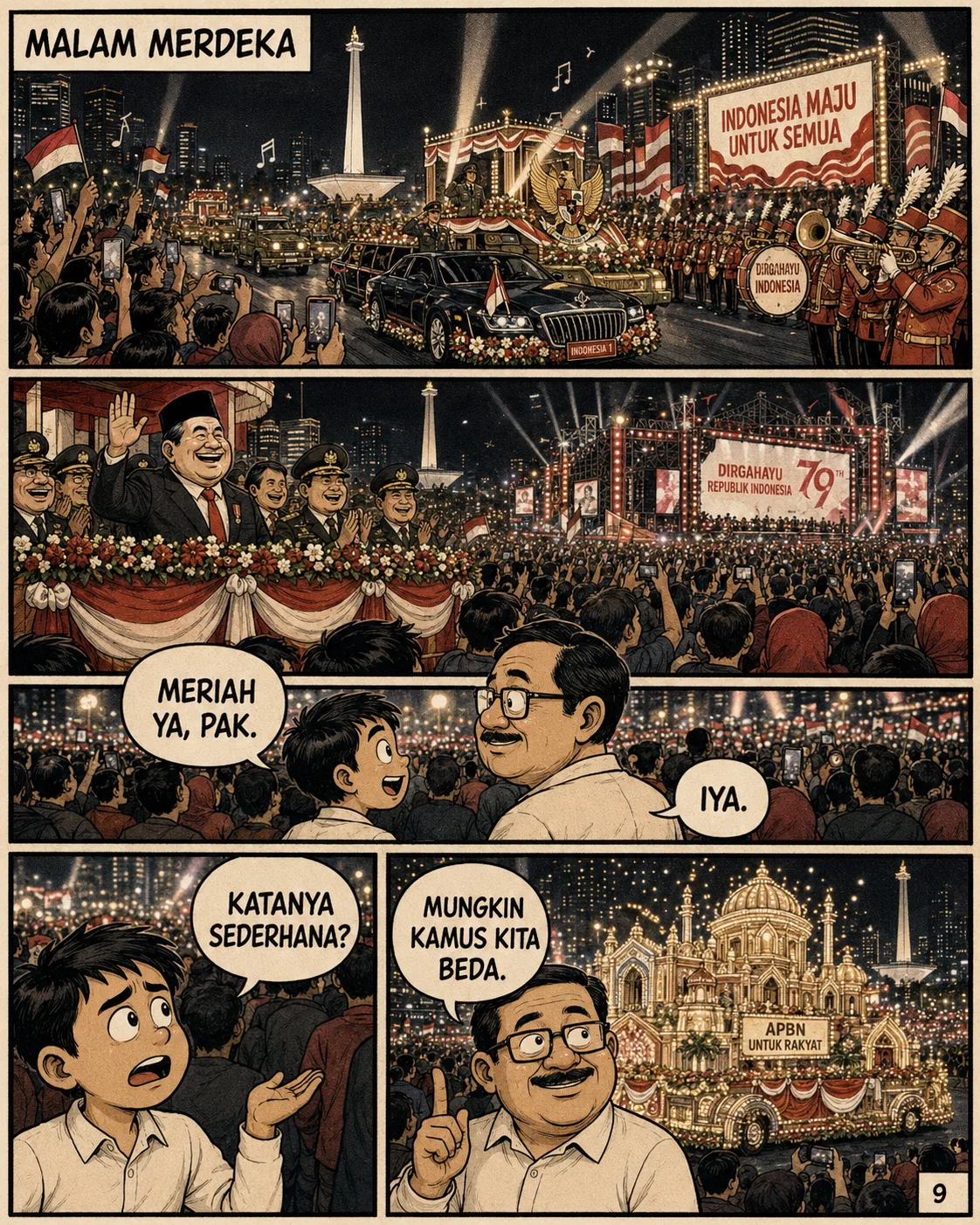 Halaman 9 ("Malam Merdeka"): Pawai malam yang meriah dengan iring-iringan mobil, marching band, dan kendaraan hias berlampu megah bertuliskan "APBN untuk rakyat"; warga menonton sambil merekam dengan ponsel.
