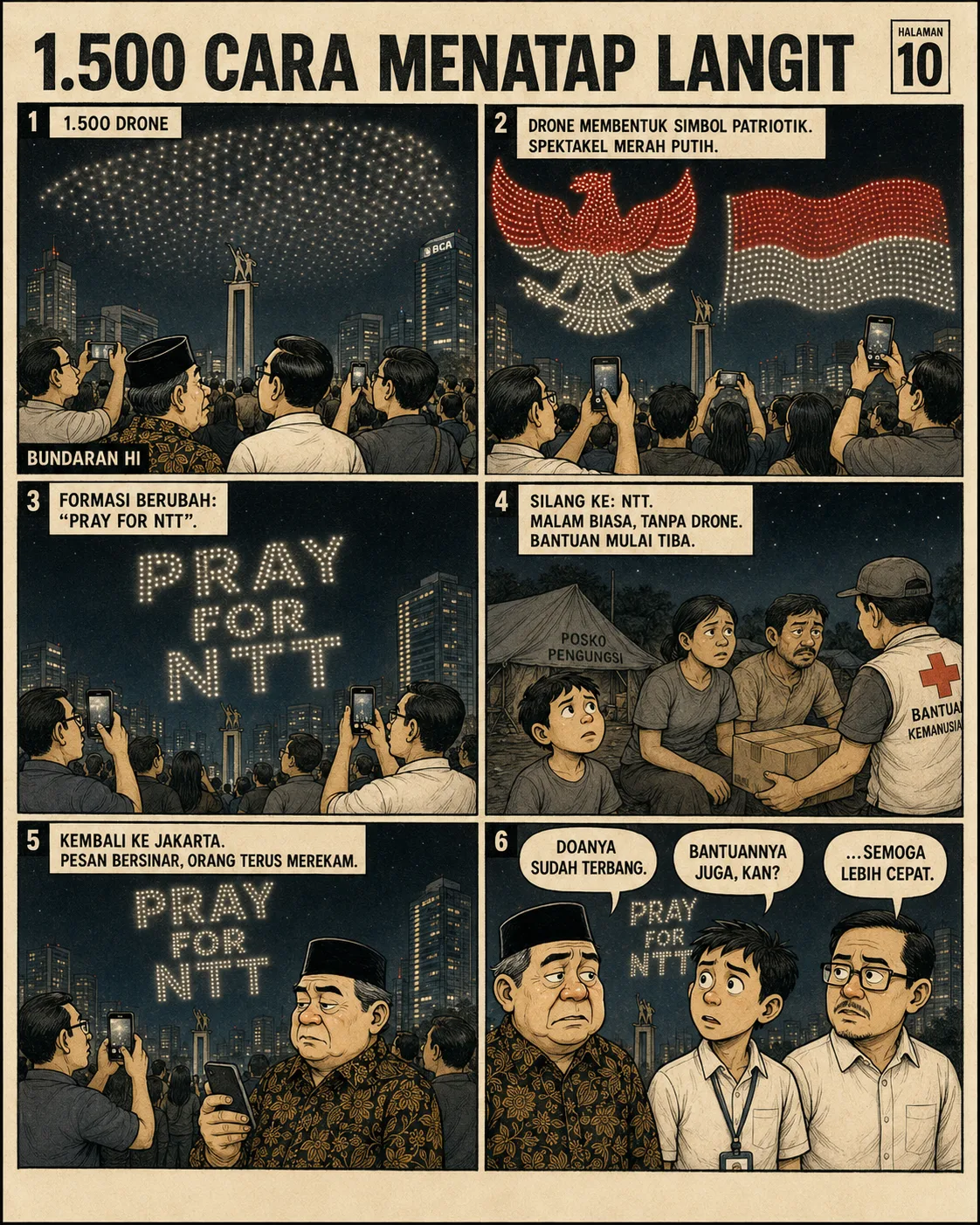 Halaman 10 ("1.500 Cara Menatap Langit"): Formasi 1.500 drone di langit Jakarta membentuk simbol patriotik lalu tulisan "PRAY FOR NTT"; potongan ke NTT memperlihatkan malam gelap tanpa drone dan kotak bantuan kemanusiaan yang baru sampai.