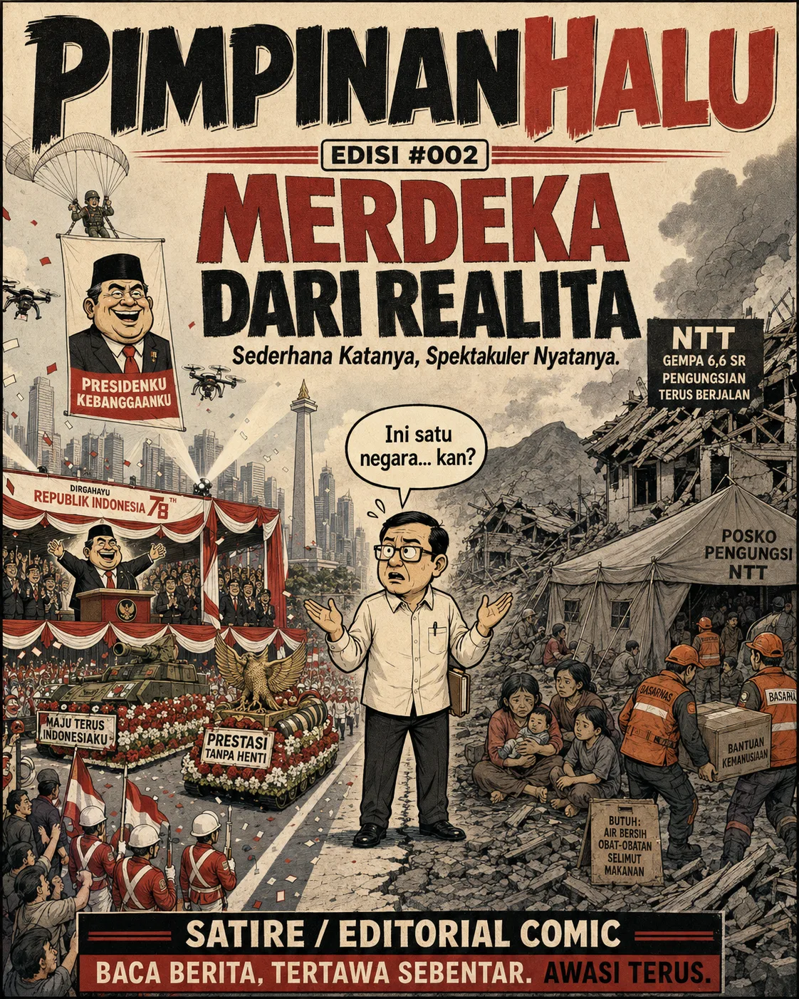 Sampul komik "Merdeka dari Realita": parade kemerdekaan yang meriah di satu sisi, kamp pengungsi gempa NTT di sisi lain.