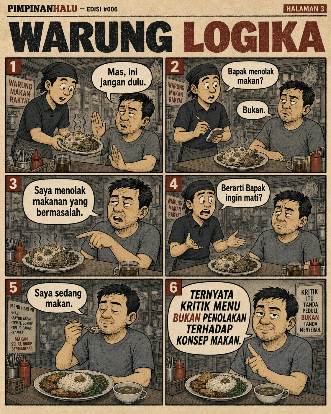 Halaman 3 ("Warung Logika"): Seorang pelanggan menolak sepiring lauk yang basi tetapi tetap menyantap nasi dan sayur yang layak, menegaskan bahwa mengkritik menu bukan menolak konsep makan; papan kecil: "kritik itu tanda peduli, bukan tanda menyerah".