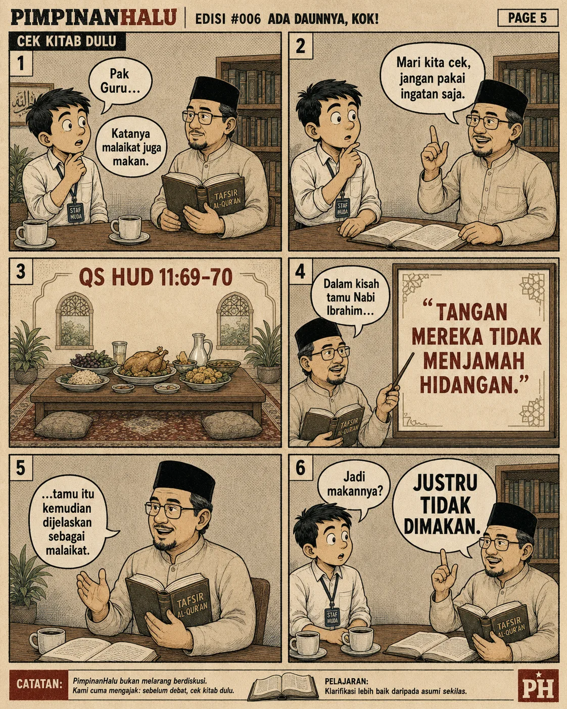 Halaman 5 ("Cek Kitab Dulu"): Seorang guru mengajak memeriksa QS Hud ayat 69-70 tentang tamu Nabi Ibrahim yang tidak menyentuh hidangan, sebagai bantahan atas klaim "malaikat juga makan"; catatan: sebelum debat, cek sumber dulu.