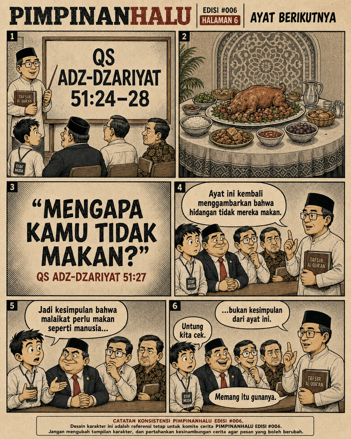 Halaman 6 ("Ayat Berikutnya"): Pembahasan berlanjut ke QS Adz-Dzariyat ayat 24-28 yang juga menyebut hidangan yang tidak disentuh para tamu; peserta menyimpulkan klaim awal tidak didukung teks.