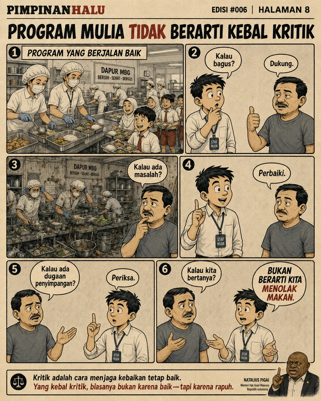 Halaman 8 ("Program Mulia Tidak Berarti Kebal Kritik"): Perbandingan dapur MBG yang bersih dan yang bermasalah; setiap kondisi punya respons wajar - dukung, perbaiki, periksa - dan bertanya tetap bukan penolakan. Catatan: yang kebal kritik biasanya bukan karena baik, tapi karena rapuh.