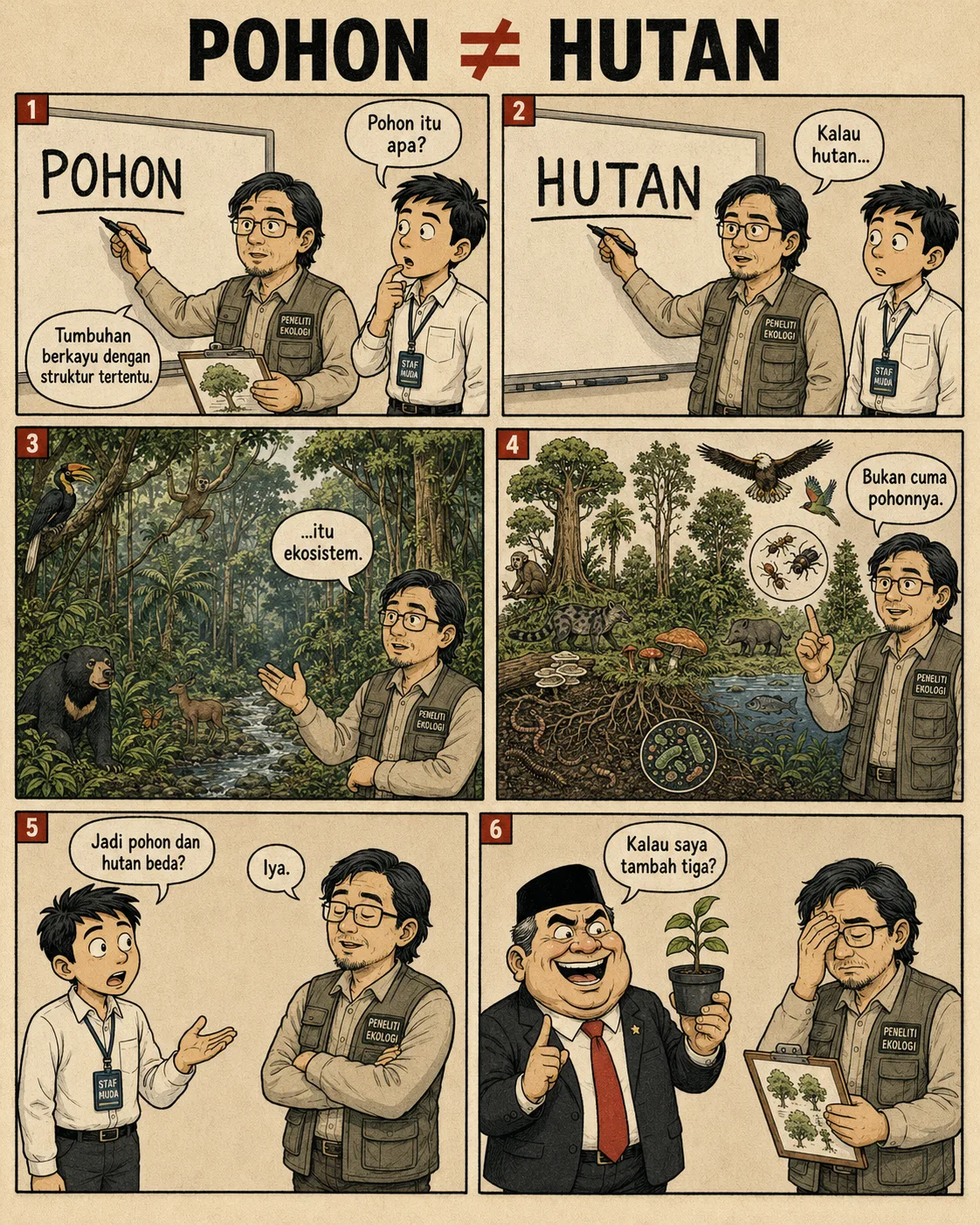 Halaman 4 ("Pohon bukan Hutan"): Seorang peneliti menjelaskan perbedaan antara sebatang pohon dan sebuah ekosistem hutan; si pejabat menawarkan menambah tiga bibit sawit sebagai solusi.