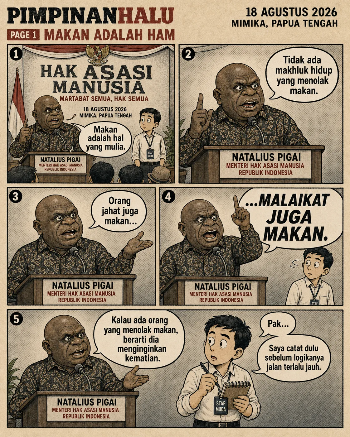 Sampul komik "Kritik Bukan Menolak Makan": seorang pejabat berpidato di podium, seorang staf muda mencatat dengan raut ragu.