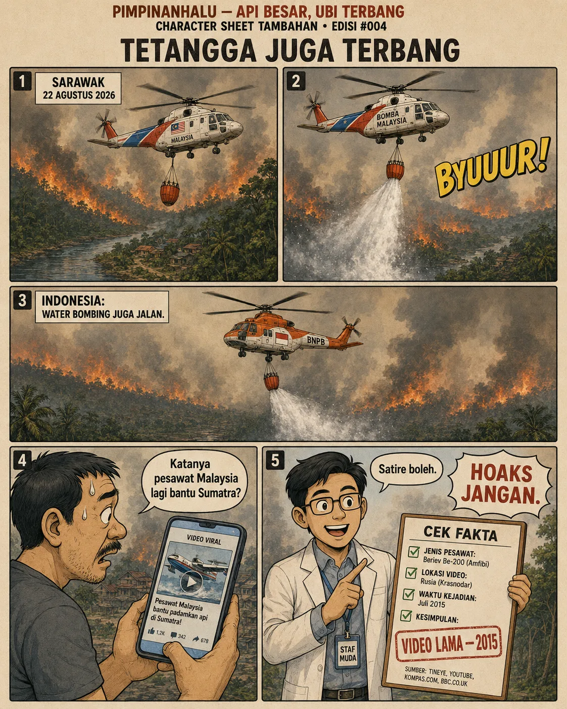 Halaman 4 ("Tetangga Juga Terbang"): Helikopter Bomba Malaysia dan BNPB sama-sama melakukan water bombing; sebuah video viral diklarifikasi sebagai rekaman lama tahun 2015 dari Rusia, bukan bantuan Malaysia untuk Sumatra.