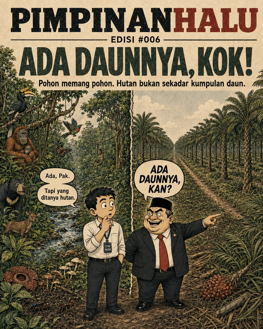 Sampul komik "Ada Daunnya, Kok!": hutan hujan penuh satwa di satu sisi, hamparan kebun sawit monokultur di sisi lain.